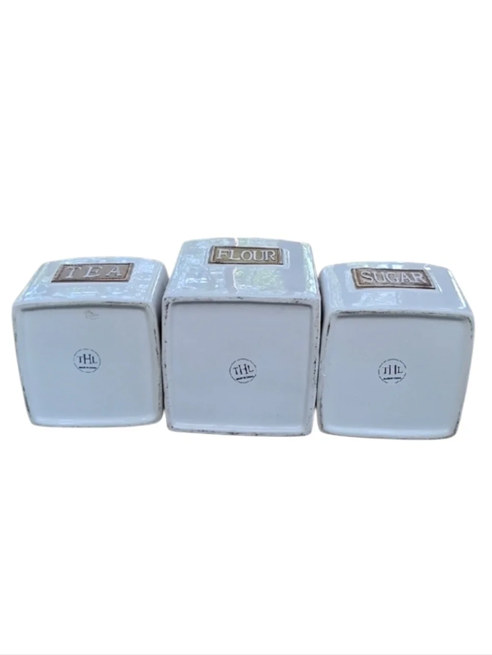 THL Ceramic Tea, Flour & Sugar Canister Set with Wooden Lids - White
